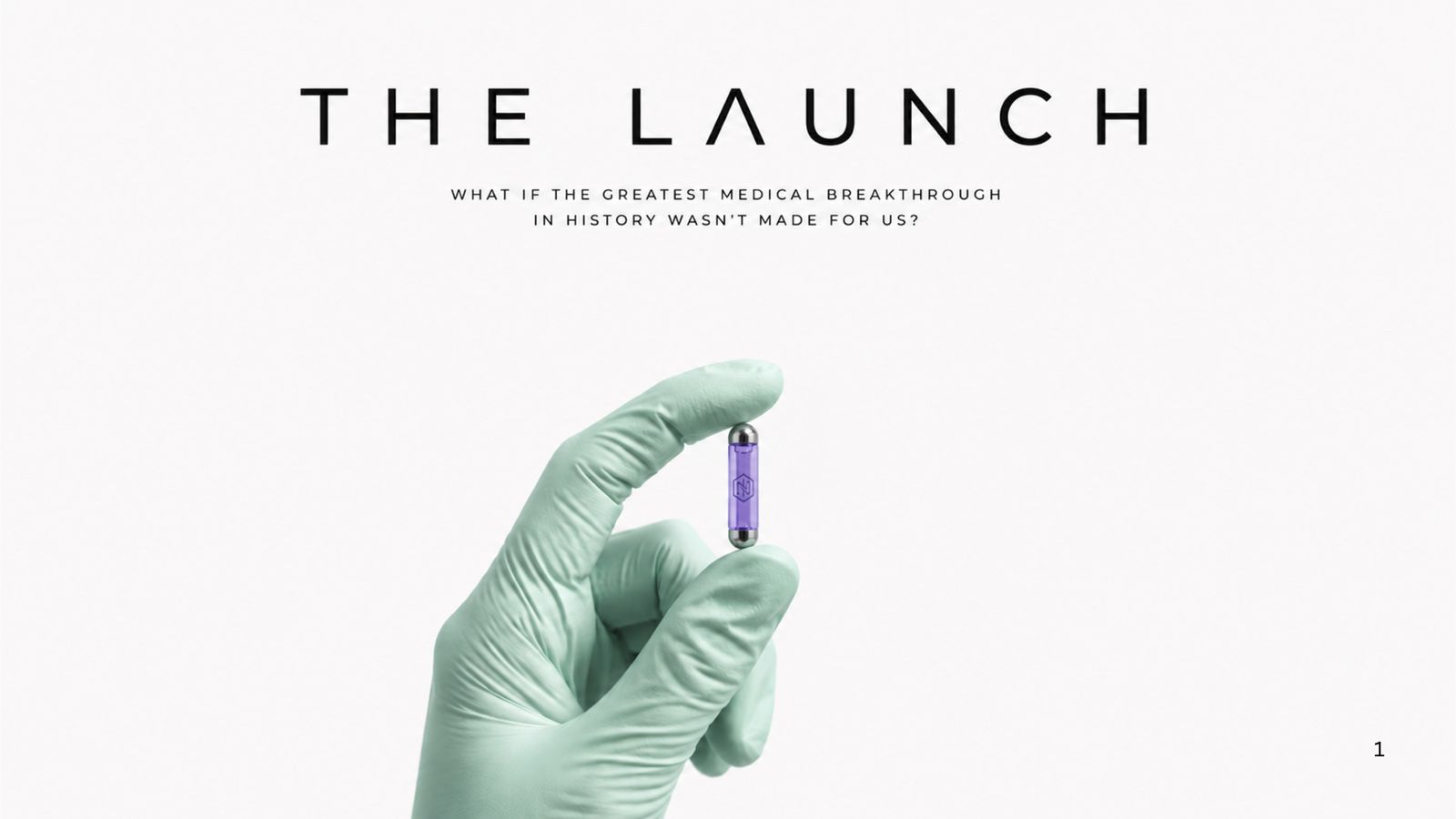 The Launch — Key Art: behandschuhte Hand hält eine violette Kapsel