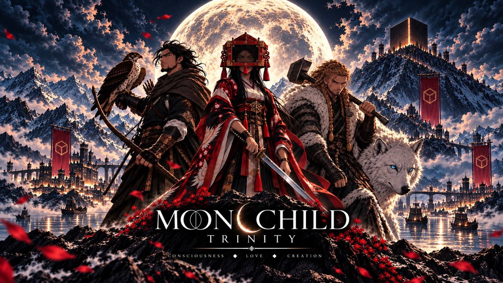 Moon Child — Key Art: Arslan, Mali und Eirik vor dem Vollmond, dahinter der Große Würfeltempel über der Hafenstadt