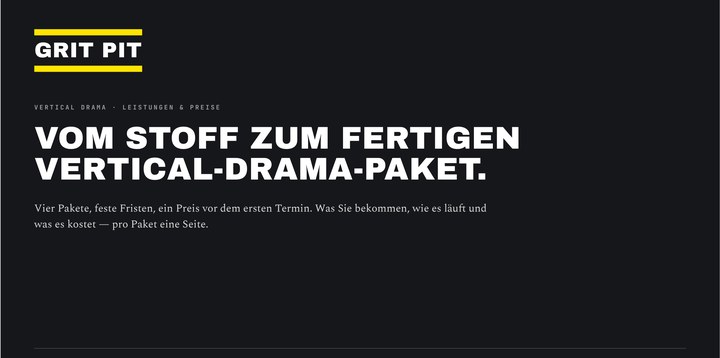 Titelseite des PDF: Grit Pit — Vertical Drama, Leistungen und Preise