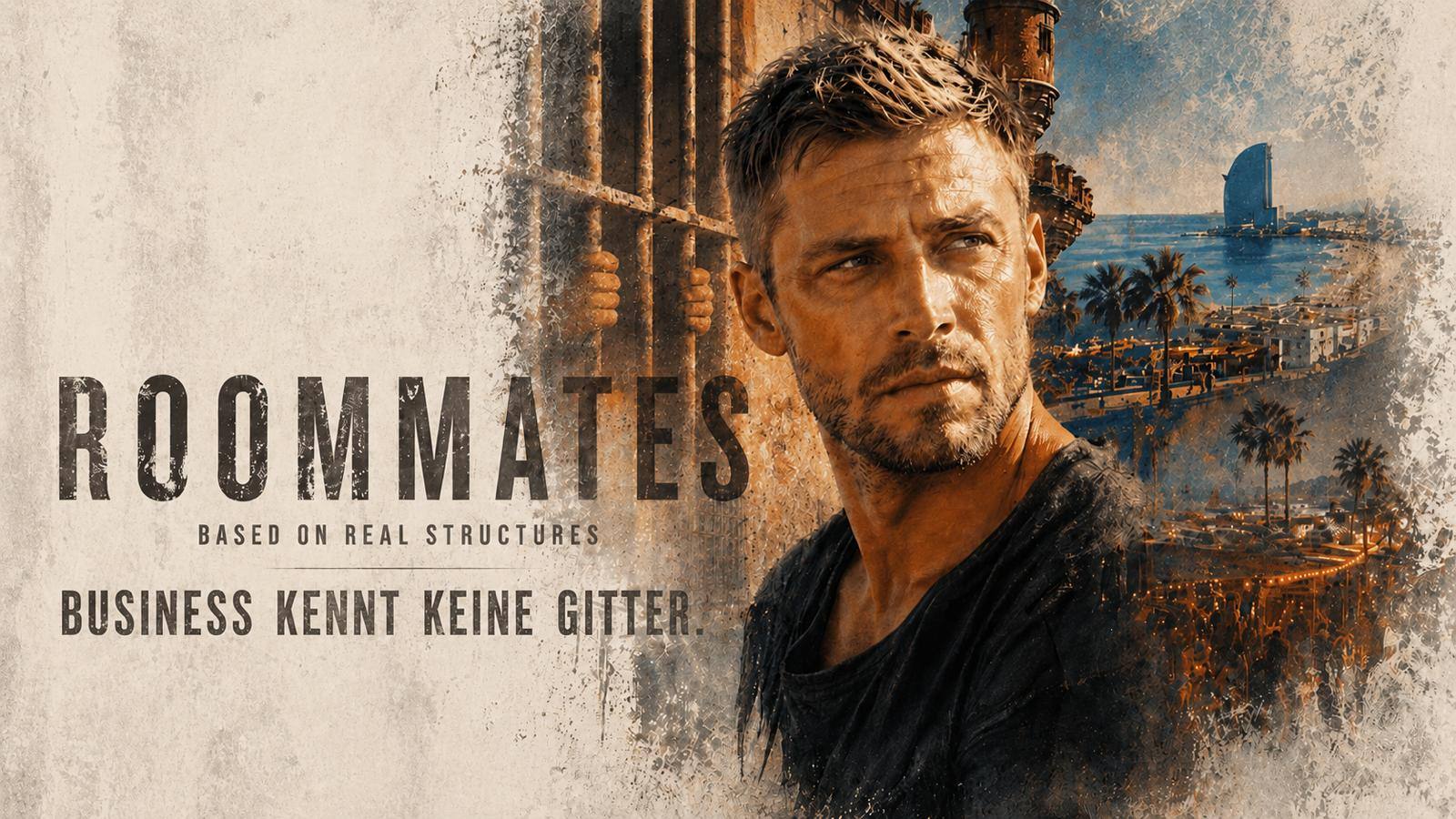 Roommates — Key Art: Mann hinter Gittern, im Hintergrund die Küste von Barcelona